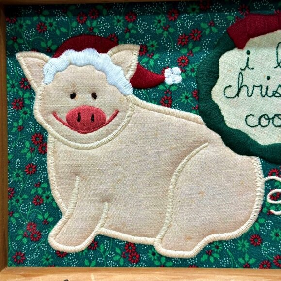 Valories Folk Art Pig Applique Framed 8 x 6" Vintage 80s I Love Christmas Cookin - Picture 4 of 9